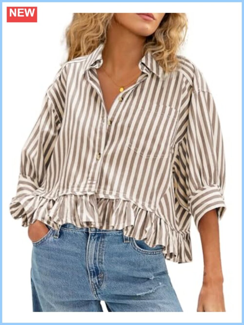 Ruffled Short Sleeve Button Down Striped Blouse, 80% Cotton 20% Polyamide,